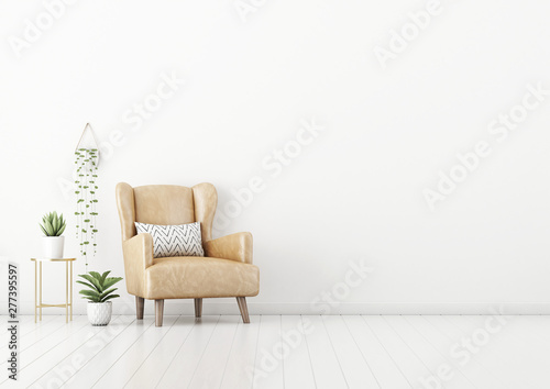 Living room interior wall mockup with tan brown leather armchair, pillow, coffee table and green plants in pots and hanger on empty white wall background. 3D rendering, illustration.
