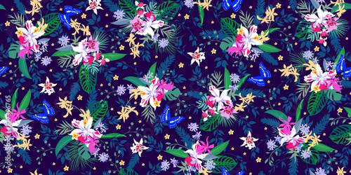 Tropical seamless pattern with orchids and butterflies for summer dress