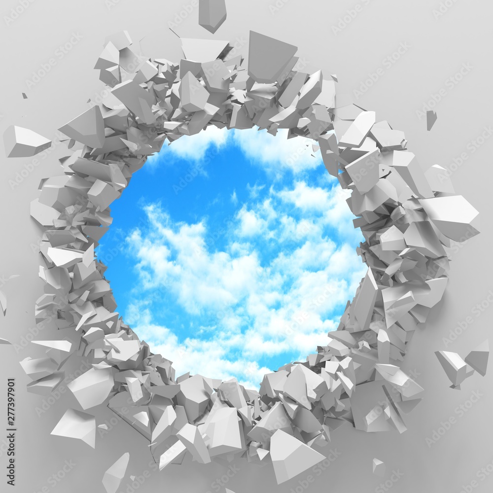 Fototapeta premium Сracked broken hole in white wall to cloudy sky