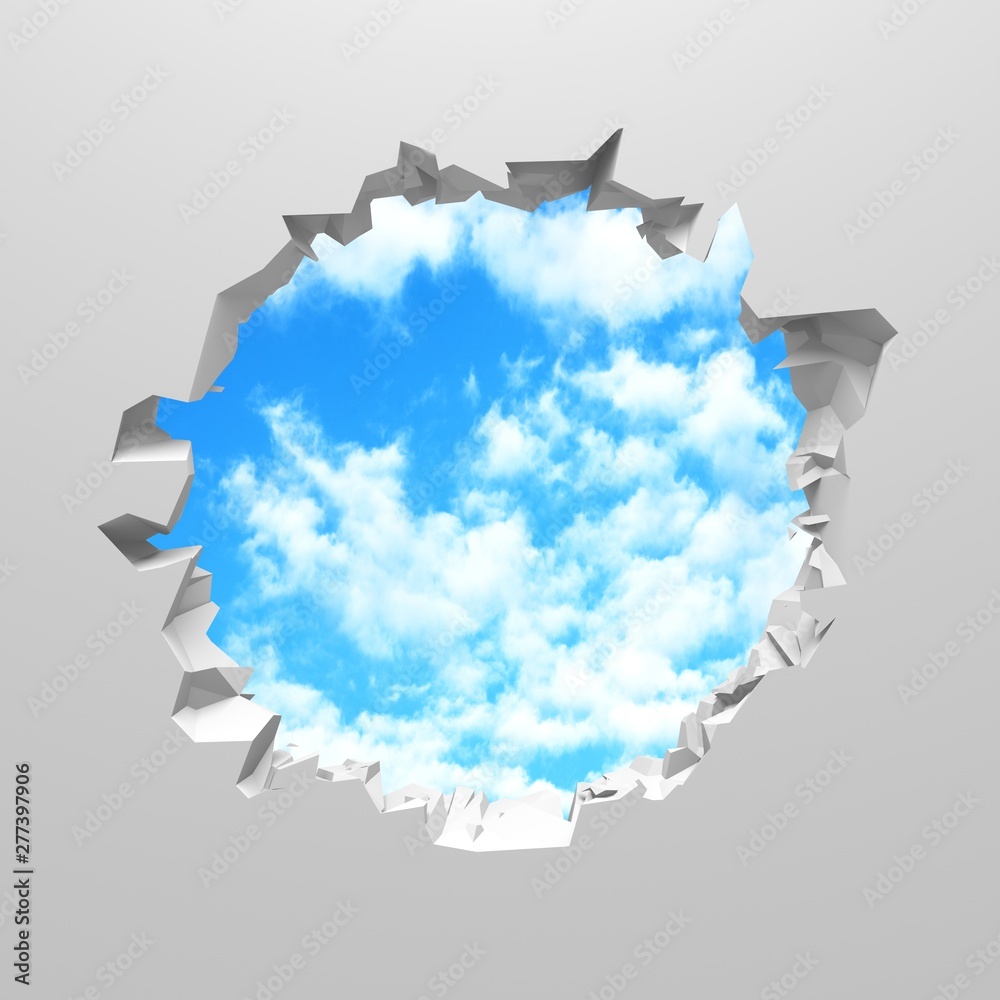 Obraz premium Сracked broken hole in white wall to cloudy sky