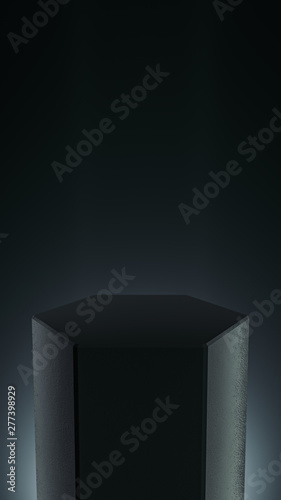 Elegant Hexagon Blank product stand. Platform for design. Pedestal for display. Futuristic concept background. 3D rendering