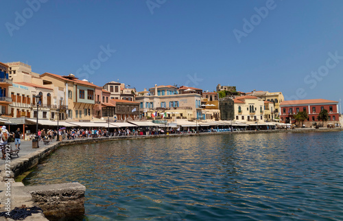Chania, Crete, Greece. June 2019. The busy eating and shopping area around the Old Venetian Harbour of Chania, Crete