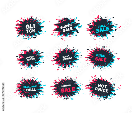 Glitch distortion frames. Vector set of starburst speech bubble, which can be used as borders or outlies. Modern backgrounds for design, poster, banner, brochure, postcard,