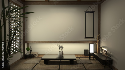japan living room tatami mat and traditional japanese decoration, Japanese style. 3D rendering