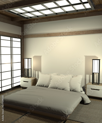 Modern peaceful Bedroom. zen style bedroom and decoration japanese style  Bedroom japanese style.3d rendering
