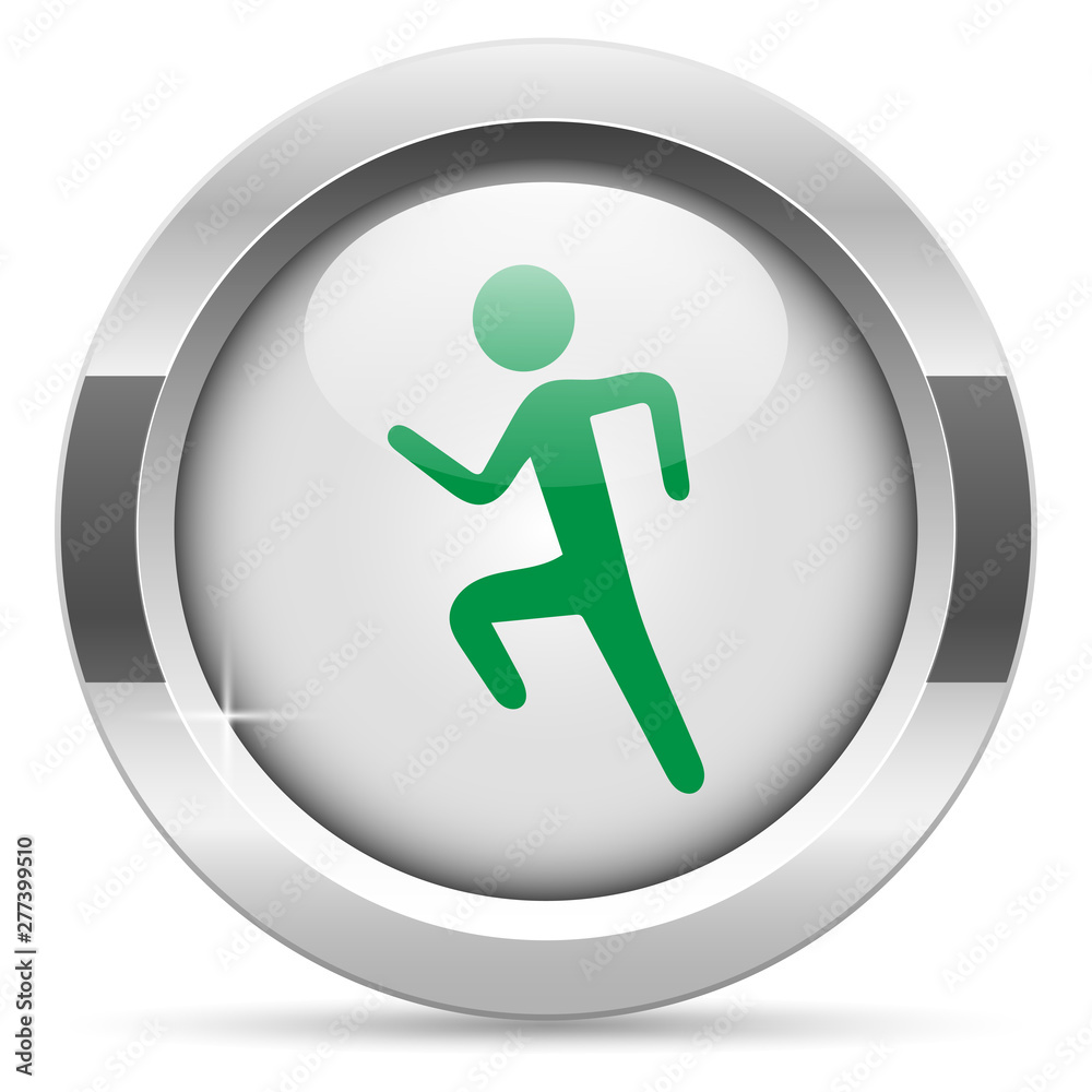 Running man icon.White metal internet button. Glass with green icon, vector. Running man icon.White metal internet button. Glass with green icon, vector.