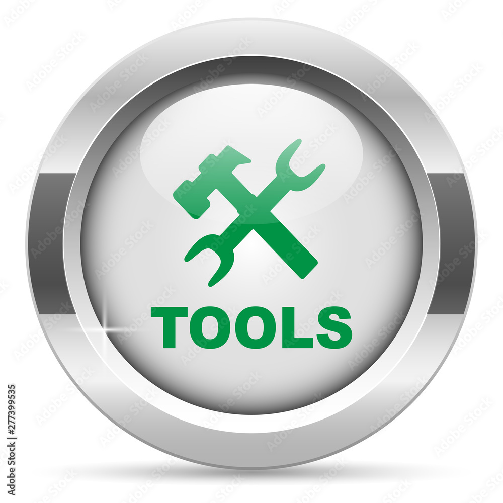 Tools icon.White metal internet button. Glass with green icon, vector. Tools icon.White metal internet button. Glass with green icon, vector.