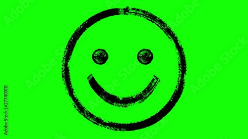 Brush paints a happy emoticon in black ink on green screen. CG animation.