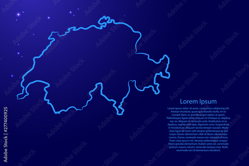 Switzerland map from the contour blue brush lines different thickness and glowing stars on dark background. Vector illustration.
