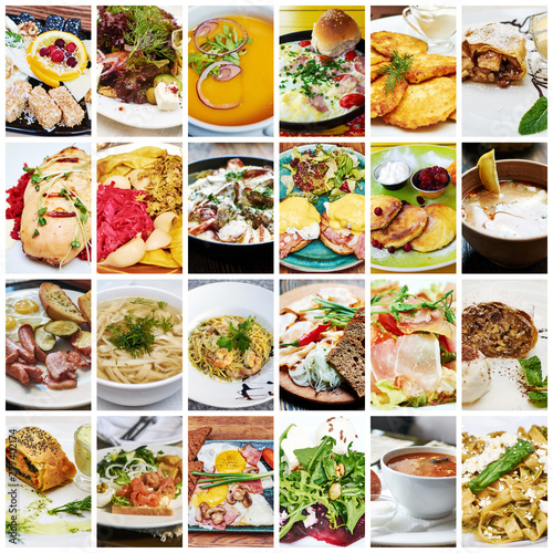 Collage of lots of popular worldwide dinner foods and appetizers