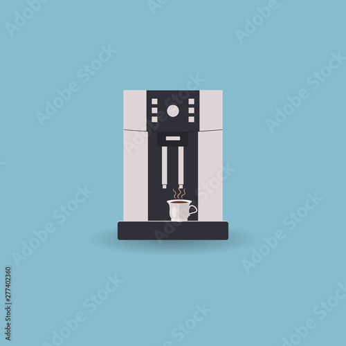 Coffee machine for office and home with cup of hot coffee. Isolated on light blue background.Vector illustration