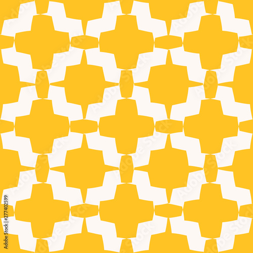 Geometric floral seamless pattern. Vector abstract texture with curved shapes, flower silhouettes, stars, crosses, grid, lattice, mesh. Bright yellow and white ornament background. Cute repeat design