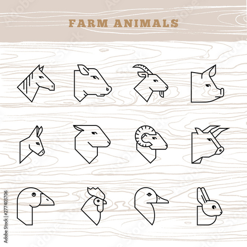 Concept of farm animals. Vector icon set in a linear style of farm animals silhouettes.