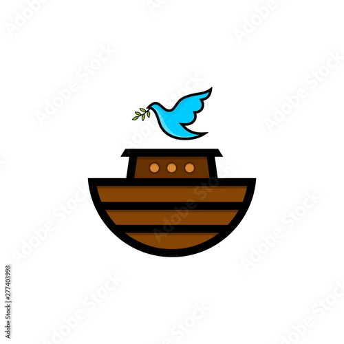 Logo of Noah's Ark. Dove with a branch of olive. Ship to rescue animals and people from the Flood. Biblical illustration.