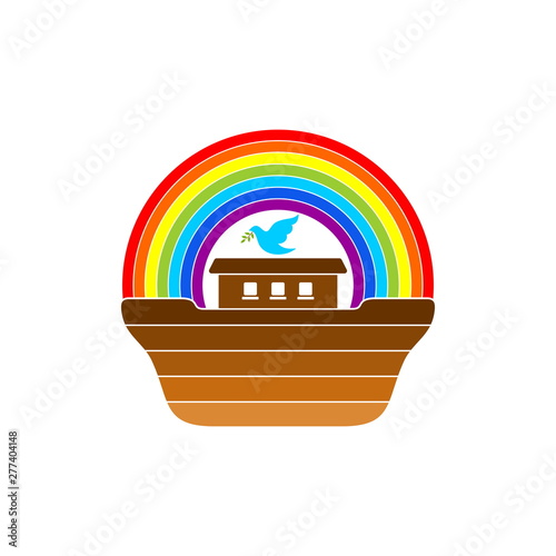 Logo of Noah's Ark. Rainbow - a symbol of the covenant. Dove with a branch of olive. Ship to rescue animals and people from the Flood. Biblical illustration.