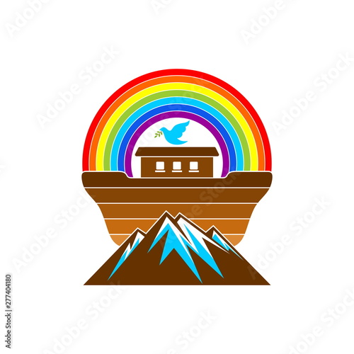 Logo of Noah's Ark. Rainbow - a symbol of the covenant. Dove with a branch of olive. Ship to rescue animals and people from the Flood. Biblical illustration.