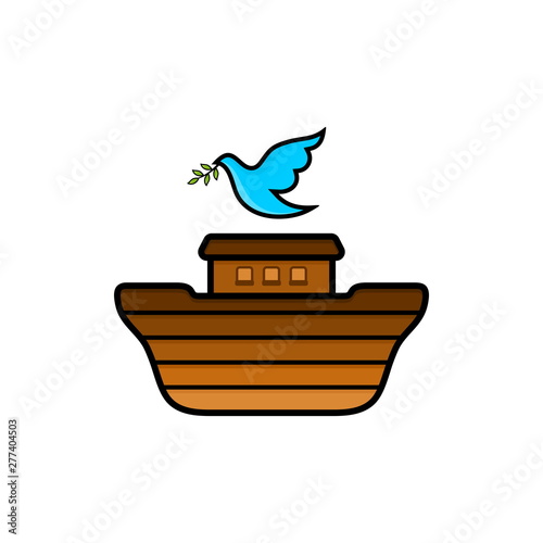 Logo of Noah's Ark. Dove with a branch of olive. Ship to rescue animals and people from the Flood. Biblical illustration.