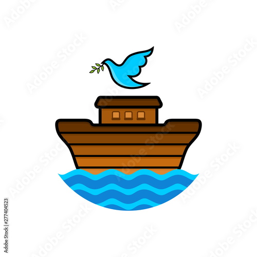 Logo of Noah's Ark. Dove with a branch of olive. Ship to rescue animals and people from the Flood. Biblical illustration.