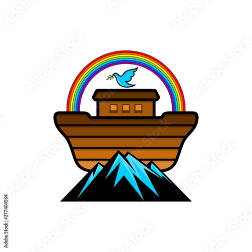 Logo of Noah's Ark. Rainbow - a symbol of the covenant. Dove with a branch of olive. Ship to rescue animals and people from the Flood. Biblical illustration.