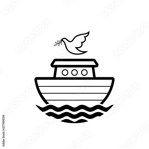 Logo of Noah's Ark. Dove with a branch of olive. Ship to rescue animals and people from the Flood. Biblical illustration.