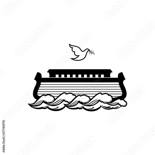 Logo of Noah's Ark. Dove with a branch of olive. Ship to rescue animals and people from the Flood. Biblical illustration.