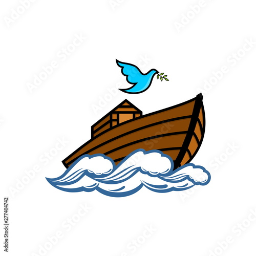 Logo of Noah's Ark. Dove with a branch of olive. Ship to rescue animals and people from the Flood. Biblical illustration.