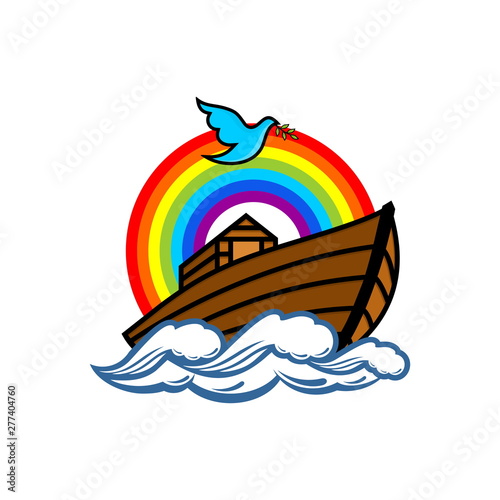Logo of Noah's Ark. Rainbow - a symbol of the covenant. Dove with a branch of olive. Ship to rescue animals and people from the Flood. Biblical illustration.