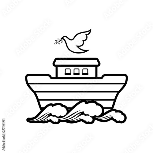 Logo of Noah's Ark. Dove with a branch of olive. Ship to rescue animals and people from the Flood. Biblical illustration.