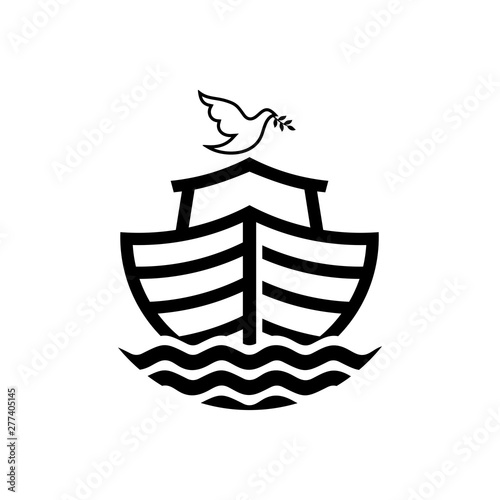 Logo of Noah's Ark. Dove with a branch of olive. Ship to rescue animals and people from the Flood. Biblical illustration.