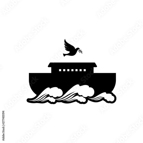 Logo of Noah's Ark. Dove with a branch of olive. Ship to rescue animals and people from the Flood. Biblical illustration.