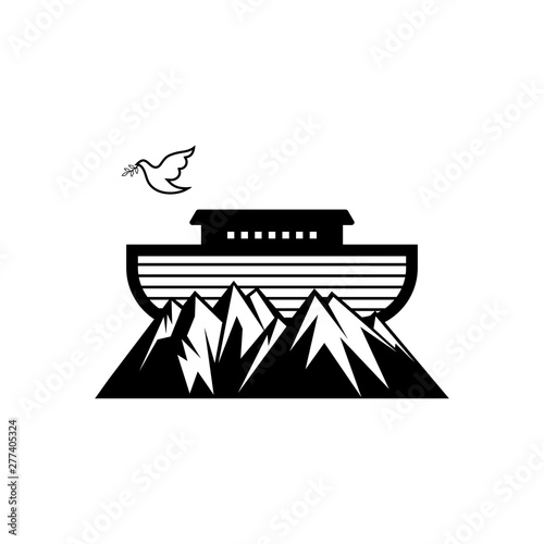 Logo of Noah's Ark. Dove with a branch of olive. Ship to rescue animals and people from the Flood. Biblical illustration.