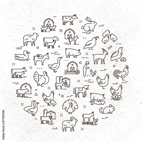 Large circular vector icon set of rural animals in linear style for logos, presentations and the web. Icons are isolated on shabby paper background.