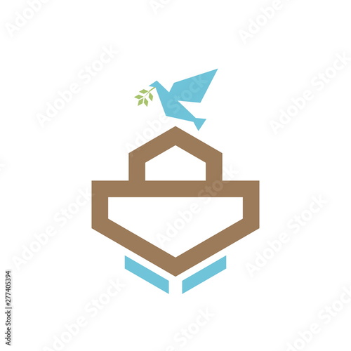 Logo of Noah's Ark. Dove with a branch of olive. Ship to rescue animals and people from the Flood. Biblical illustration.