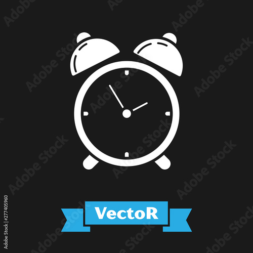 White Alarm clock icon isolated on black background. Wake up, get up concept. Time sign. Vector Illustration