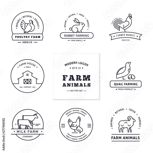 Set of eight modern linear style logos with farm animals with space for text or company name.