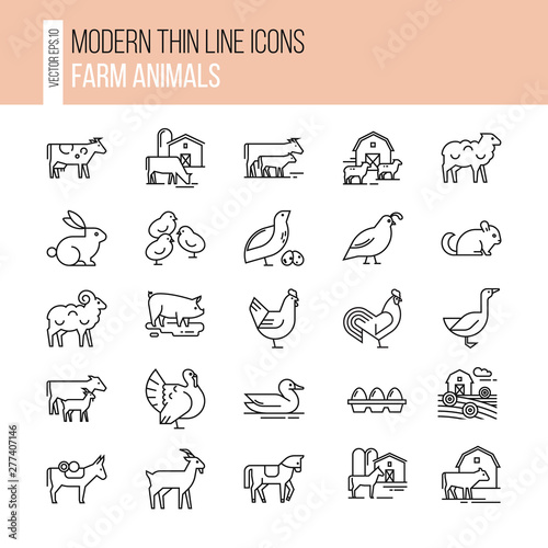 Vector set of farm animals icon set. Collection of illustrations in line style, well-drawn and isolated on white background.