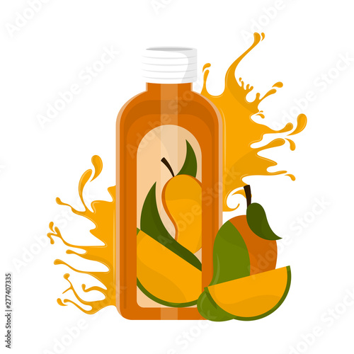 Mango juice bottle with splash and fruit - Vector