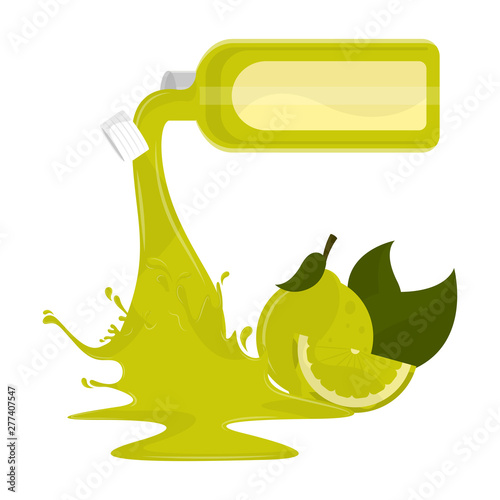 Bottle spilling lemon juice and a fruit - Vector