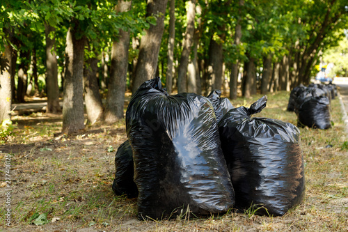 black bags of garbage are under the trees. Garden cleaning concept © LariBat