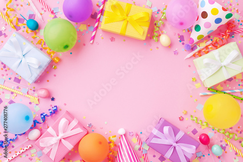 Canvas Print Birthday party banner or background with colorful balloons, carnival caps, gift boxes and confetti