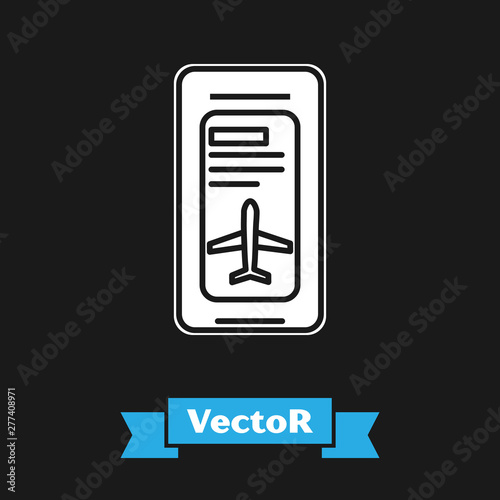 White Smartphone with electronic boarding pass airline ticket icon isolated on black background. Passenger plane mobile ticket for web and app. Vector Illustration