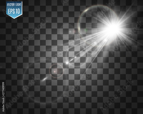 Special lens flash, light effect. The flash flashes rays and searchlight. illust.White glowing light. Beautiful star Light from the rays. The sun is backlit. Bright beautiful star. Sunlight. Glare.