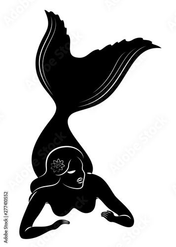 Silhouette of a mermaid. Beautiful girl is floating in the water. The lady is young and slender. Fantastic image of a fairy tale. Vector illustration.