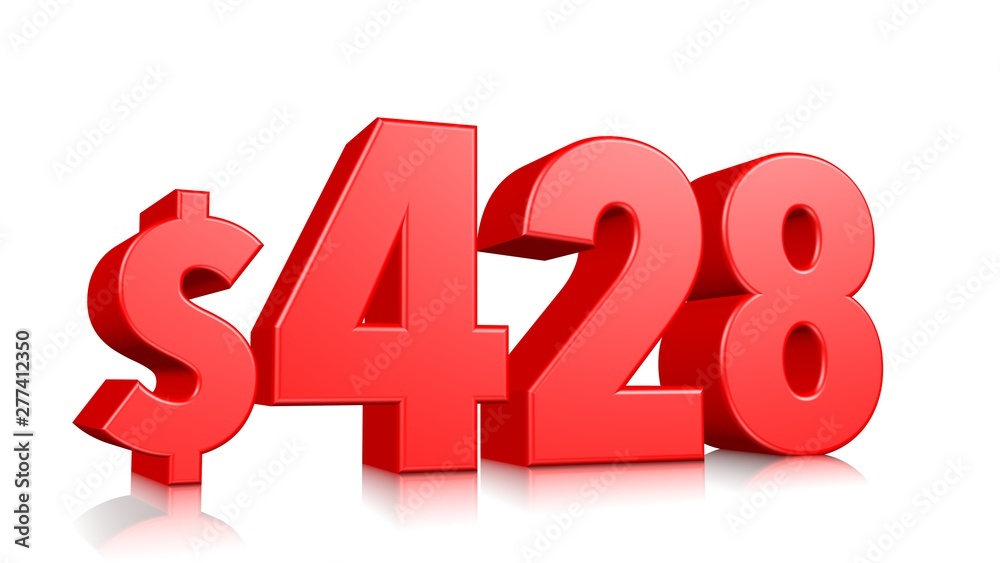 428$ Four hundred and twenty eight price symbol. red text number 3d render with dollar sign on white background 428$ Four hundred and twenty eight price symbol. red text number 3d render with dollar sign on white background