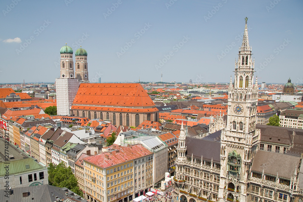 Aerial view of Munich Town Hall and Frauenkirche cathedral, Munich, Germany.