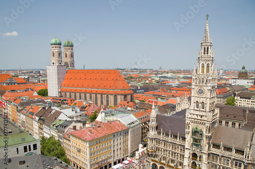 Aerial view of Munich Town Hall and Frauenkirche cathedral  Munich  Germany.