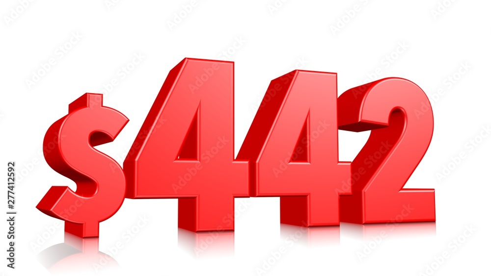 442$ Four hundred and forty two price symbol. red text number 3d render with dollar sign on white background 442$ Four hundred and forty two price symbol. red text number 3d render with dollar sign on white background