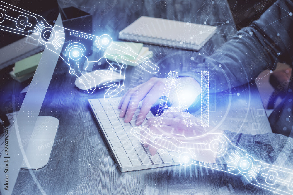 Double exposure of technology hologram with man working on computer background. Concept of big data.