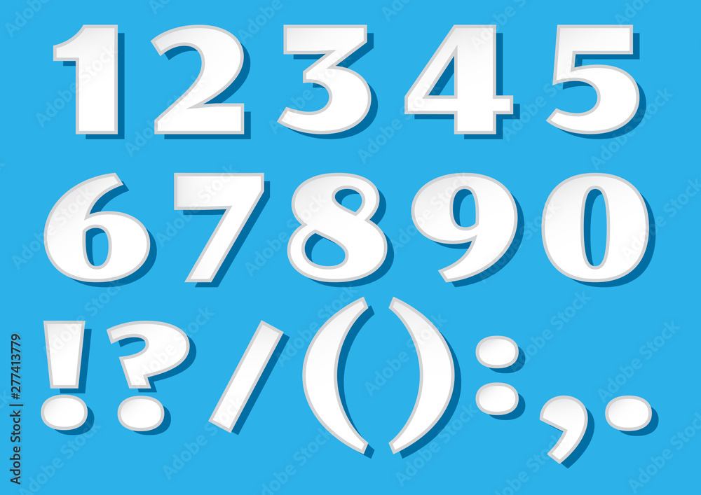 White paper font numbers with shadows from 1 to 0 and characters on blue background. Vector illustration White paper font numbers with shadows from 1 to 0 and characters on blue background. Vector illustration