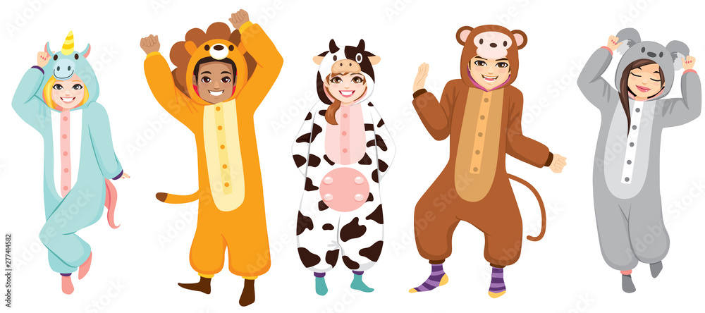 Happy five people wearing animal onesie costume on Halloween pajama ...